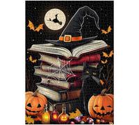 Halloween Puzzles for Adults 1000 Pieces, PICKFORU Horror Black Cat Jigsaw Puzzles Witch Hat Vintage Books, Difficult Challenging Mystery Kitten Theme as Wall Decor