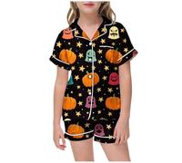 Halloween Pyjamas Boys Girls Costumes for Kids Nightwear Pjs Snowman Pumpkin Spider Cotton Toddler Clothes Fun Lapel Button Shirt Sleepwear Outfits Long Sleeve 2 Piece Sets Cute Beige