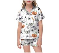 Halloween Pyjamas Boys Girls Costumes for Kids Nightwear Pjs Snowman Pumpkin Spider Cotton Toddler Clothes Fun Lapel Button Shirt Sleepwear Outfits Long Sleeve 2 Piece Sets Cute White
