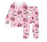 Halloween Pyjamas Boys Girls for Pjs Skeleton Pumpkin Sleepwear Nightwear Tops and Pants Sets Lapel Button Shirt Outfits Cotton Long Sleeve Pink