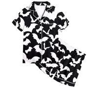 Halloween Pyjamas Boys Girls Unisex Kids Bat Pajama Set Nightwear Tops and Pants Sets Lapel Button Shirt Sleepwear Outfits Long Sleeve 2 Piece PJs print Black