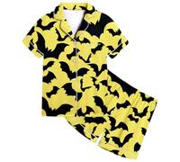 Halloween Pyjamas Boys Girls Unisex Kids Bat Pajama Set Nightwear Tops and Pants Sets Lapel Button Shirt Sleepwear Outfits Long Sleeve 2 Piece PJs print Yellow
