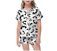 Halloween Pyjamas Boys Girls Unisex Kids Bat Pajama Set Sleepwear Nightwear Lapel Button Shirt Outfits Long Sleeves Pjs Tops Family Matching Pajamas Grey