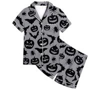 Halloween Pyjamas Boys Girls Unisex Kids Glow In The Dark Cotton Pjs Toddler Clothes Fun Lapel Button Shirt Sleepwear Outfits Long Sleeve 2 Piece Sets Grey