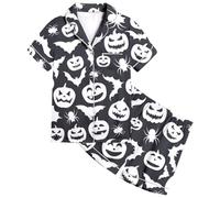 Halloween Pyjamas Boys Girls Unisex Kids Glow In The Dark Cotton Pjs Toddler Clothes Fun Lapel Button Shirt Sleepwear Outfits Long Sleeve 2 Piece Sets Light Gray
