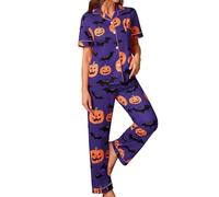 Halloween Pyjamas Set for Women Black Cat Satin Short Sleeve Button Down Tops Long Pants Sleepwear Witch Cosy Cotton Loungewear Nightwear with Pockets Spider Pj Co Ord Sets, Purple, L