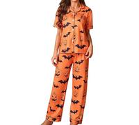 Halloween Pyjamas Set for Women Black Cat Satin Short Sleeve Long Pants Sleepwear Spider Web Two Piece Button Down Loungewear with Pockets Pjs Ghost Pj Bottoms Co Ord Sets, Orange, M