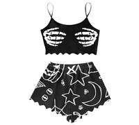 Halloween Pyjamas Set for Women Pjs Sets Skeleton Ladies Nightwear V Neck Sleeveless Cami Tops Witch Sexy Lingerie Elastic Camisoles Shorts Two Piece Spider Bottoms Co Ord Sets, Black, M