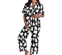 Halloween Pyjamas Set for Women Witch Satin Short Sleeve Two Piece Long Pants Sleepwear Bat Cosy Pjs Bottoms Button Down Loungewear Nightwear Spider Web Pajama Co Ord Sets, Black, XXL