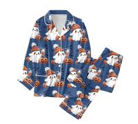 Halloween Pyjamas Set Women Spider Button Down Long Sleeve Ladies Pjs Pumpkin Satin Sets Comfy Sleepwear Loungewear Nightwear Witch Pajamas Long Pants Co Ord Sets, Light Blue, M