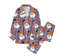 Halloween Pyjamas Set Women Spider Satin Long Sleeve Button Down Tops Long Pants Sleepwear Web Cosy Pjs Bottoms with Pockets Loungewear Nightwear Witch Pajamas Co Ord Sets, Purple, XL