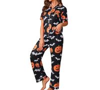 Halloween Pyjamas Women Skull Satin Short Sleeve Button Down Ladies Pj Skeleton Cosy Cotton Loungewear Comfy Sleepwear with Pockets Nightwear Spider Web Long Pants Co Ord Sets, Black, L