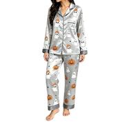 Halloween Pyjamas Women's Cute Ghost Pumpkin Print Nightwear, Halloween Pyjamas Women's Loungewear Set with Tops and Trousers Soft Comfort Nightsuit for Carnival Cosplay