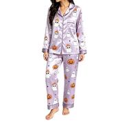 Halloween Pyjamas Women's Cute Ghost Pumpkin Print Nightwear, Halloween Pyjamas Women's Loungewear Set with Tops and Trousers Soft Comfort Nightsuit for Carnival Cosplay