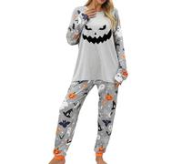 Halloween Pyjamas, Women's Ghost Pumpkin Pattern, Modern Nightwear Costume, Halloween Pyjamas, Women's Elegant Loungewear Set with Long Sleeve Tops and Long Trousers, Casual House Pyjamas for Carnival