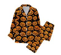 Halloween Pyjamas Women's Long Halloween Pyjama Set Witch Homewear with Ghost Pattern Button Placket Comfortable Sleepwear Lapels Easy Care Loungewear for Carnival + Long Trousers