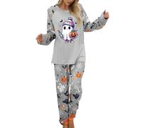 Halloween Pyjamas Women's Long Halloween Pyjamas Women's Cotton Set Homewear Comfortable Ghost Pumpkin Pattern Sleepwear Long Sleeve Stylish Loungewear for Carnival + Long Trousers