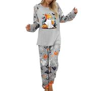 Halloween Pyjamas Women's Long Halloween Pyjamas Women's Cotton Set Homewear Crew Neck Long Sleeve Sleepwear Casual Ghost Pumpkin Pattern Loungewear for Carnival + Long Trousers