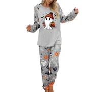 Halloween Pyjamas Women's Long Halloween Pyjamas Women's Cotton Set Homewear Ghost Pumpkin Pattern Airy Sleepwear Long Sleeve Festival Loungewear for Carnival + Long Trousers