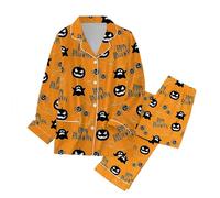 Halloween Pyjamas Women's Long, Halloween Pyjamas Women's Witch Set Homewear Lapels Comfortable Button Placket Sleepwear with Pumpkin Spider Web Pattern Airy Loungewear for Carnival + Long Trousers