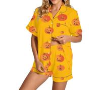 Halloween Pyjamas Women's Short Pumpkin Pyjama Set Comfortable Lapel Sleepwear Pumpkin Print Button Placket Short Sleeve Loungewear Elastic Waist Airy Leisure Suit for Carnival + Shorts
