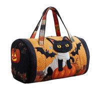 Halloween Quilted Duffle Bag for Women, Skeleton Black Cat Print Cylinder Weekend Holdall, Lightweight Quilted Overnight Gym Travel Bag with 2 Sizes for Halloween Trip Costume Party
