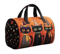 Halloween Quilted Duffle Bag for Women, Skeleton Black Cat Print Cylinder Weekend Holdall, Lightweight Quilted Overnight Gym Travel Bag with 2 Sizes for Halloween Trip Costume Party