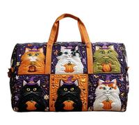 Halloween Quilted Duffle Bag for Women, Skeleton Black Cat Print Cylinder Weekend Holdall, Lightweight Quilted Overnight Gym Travel Bag with 2 Sizes for Halloween Trip Costume Party