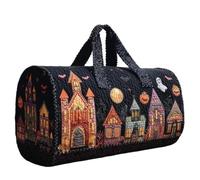 Halloween Quilted Duffle Bag for Women, Skeleton Black Cat Print Cylinder Weekend Holdall, Lightweight Quilted Overnight Gym Travel Bag with 2 Sizes for Halloween Trip Costume Party