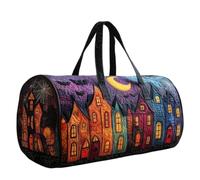 Halloween Quilted Duffle Bag for Women, Spooky Haunted House Print Cylinder Weekend Holdall, Lightweight Quilted Gym Overnight Travel Bag with 2 Sizes for Halloween Trip Gym Holiday
