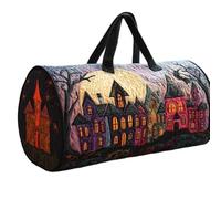 Halloween Quilted Duffle Bag for Women, Spooky Haunted House Print Cylinder Weekend Holdall, Lightweight Quilted Gym Overnight Travel Bag with 2 Sizes for Halloween Trip Gym Holiday