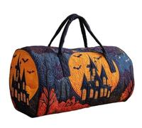 Halloween Quilted Duffle Bag for Women, Spooky Haunted House Print Cylinder Weekend Holdall, Lightweight Quilted Gym Overnight Travel Bag with 2 Sizes for Halloween Trip Gym Holiday