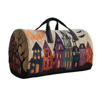Halloween Quilted Duffle Bag for Women, Spooky Haunted House Print Cylinder Weekend Holdall, Lightweight Quilted Gym Overnight Travel Bag with 2 Sizes for Halloween Trip Gym Holiday