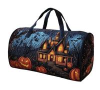 Halloween Quilted Duffle Bag for Women, Spooky Haunted House Print Cylinder Weekend Holdall, Lightweight Quilted Gym Overnight Travel Bag with 2 Sizes for Halloween Trip Gym Holiday