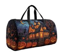 Halloween Quilted Duffle Bag for Women, Spooky Haunted House Print Cylinder Weekend Holdall, Lightweight Quilted Gym Overnight Travel Bag with 2 Sizes for Halloween Trip Gym Holiday