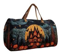 Halloween Quilted Duffle Bag for Women, Spooky Haunted House Print Cylinder Weekend Holdall, Lightweight Quilted Gym Overnight Travel Bag with 2 Sizes for Halloween Trip Gym Holiday