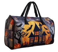 Halloween Quilted Duffle Bag for Women, Spooky Haunted House Print Cylinder Weekend Holdall, Lightweight Quilted Gym Overnight Travel Bag with 2 Sizes for Halloween Trip Gym Holiday