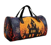 Halloween Quilted Duffle Bag for Women, Spooky Haunted House Print Cylinder Weekend Holdall, Lightweight Quilted Gym Overnight Travel Bag with 2 Sizes for Halloween Trip Gym Holiday