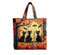 Halloween Quilted Tote Bag for Women, Black Cat Pumpkin Full Moon Bat Print Large Capacity Shoulder Handbag, Reusable Autumn Shopping Bag with 3 Sizes for Holiday Party Daily Use
