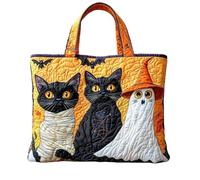 Halloween Quilted Tote Bag for Women, Black Cat Pumpkin Full Moon Bat Print Large Capacity Shoulder Handbag, Reusable Autumn Shopping Bag with 3 Sizes for Holiday Party Daily Use