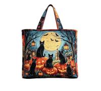Halloween Quilted Tote Bag for Women, Black Cat Pumpkin Full Moon Bat Print Large Capacity Shoulder Handbag, Reusable Autumn Shopping Bag with 3 Sizes for Holiday Party Daily Use