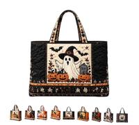 Halloween Quilted Tote Bag, Vintage Patchwork Pumpkin Ghost Print | Large Tote for Women, Capacity Spooky-design, Soft Padded Fabric, Ideal for Shopping, Gym or Summer Vacation