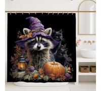 Halloween Raccoon Shower Curtain, Black Violet Cat Pumpkin Bathroom Decor, Autumn Fall Fanciful Waterproof Fabric Shower Curtain with Hooks 72x84 Inch