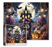 Halloween Raccoon Sitting on Chair Jigsaw Puzzle for Adults 1000 Pieces Haunted House Pumpkins Bats Full Moon Night Puzzles Animals Decor Challenging Puzzle for Family Game Nights