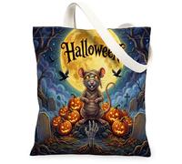Halloween Rat Mouse Canvas Tote Bag for Shopping 13 * 15, Holiday Graveyard Reusable Grocery Bag for Women, Pumpkins Work Travel Painting Gift Decor