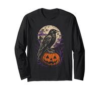 Halloween Raven Crow Full Moon Pumpkin Autumn Vintage Long Sleeve T-Shirt