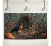 Halloween Raven Wall Backdrop, Spooky Autumn Forest Scene Party Decorations, Black Bird Pumpkin Photo Background for Halloween Events 71x43 Inch