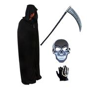 Halloween Reaper Cloak,Black Reaper Cape Set | Cosplay Costume Death Cloak - 4X Dress Clothes, Skull Gloves, Mask and Scythe, Hooded Cloak, Halloween Costume
