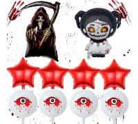 Halloween Reaper Creepy Girl Balloon Set 10pcs, Red Bloody Eye Grim Reaper/Spooky Girl Foil Balloons, Horror Halloween Party Decorations for Haunted Houses, Thriller Events, Themed Gatherings