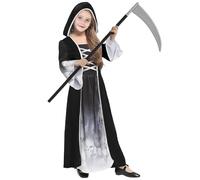 Halloween Reaper Girl Costume, Halloween Death Costume with Sickle, Fantasy Princess Costume with Hood, Skeleton Reaper Dress, Skeleton Reaper Horror Dress (XXL:12-15 Years)